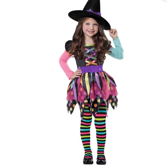 Other - EUC worn 1x girls costume colorful witch dress tights hat size medium 8-10
